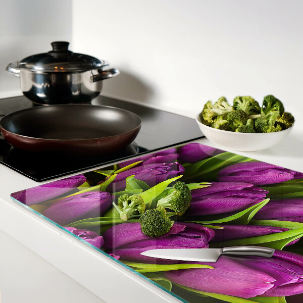 Deska kuchenna szklana Fioletowe tulipany z zielonymi liśćmi