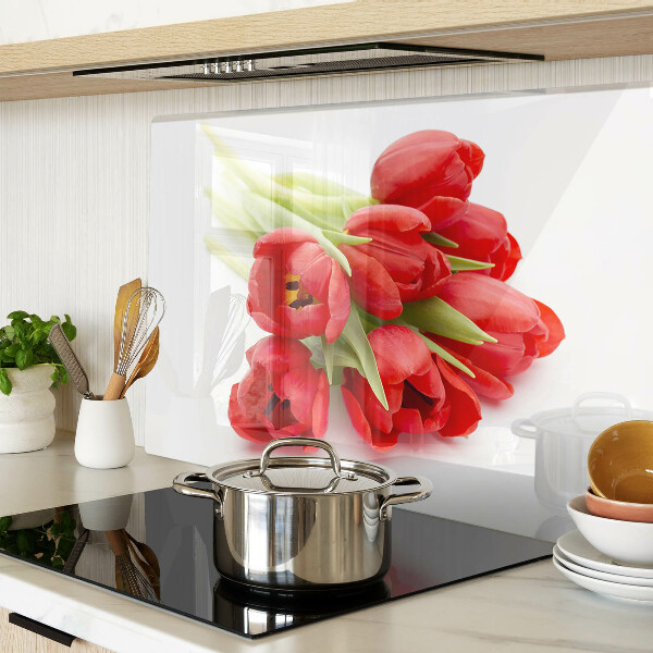 Tabla de cortar de cristal Tulipanes rojos sobre fondo blanco