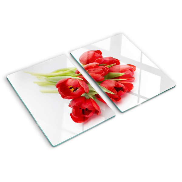 Tabla de cortar de cristal Tulipanes rojos sobre fondo blanco