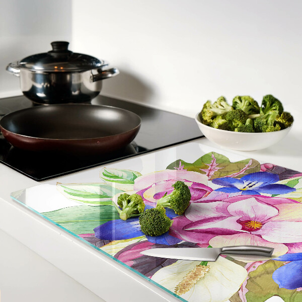 Tabla de cortar Patrón floral con flores rosas y azules.