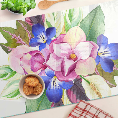 Tabla de cortar Patrón floral con flores rosas y azules.