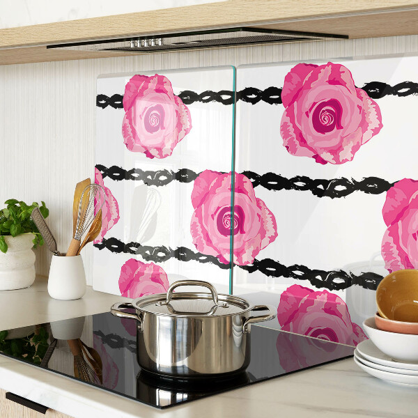 Deska kuchenna szklana Róże na tle czarnej linii
