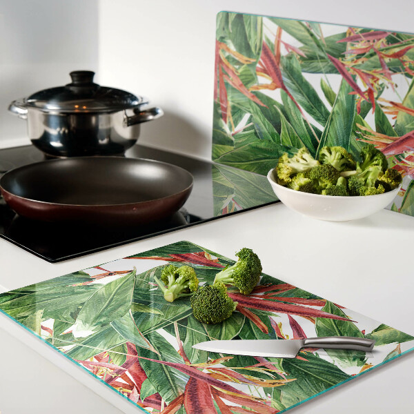 Tabla de cortar de cristal Hojas y flores tropicales