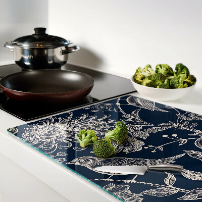 Deska kuchenna szklana Kwiaty i ptaki na ciemnym tle