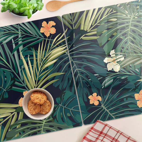 Tabla de cortar de cristal Patrón tropical con hojas y flores.