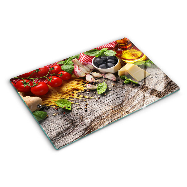 Tabla para cortar Cocina italiana con pasta y verduras.