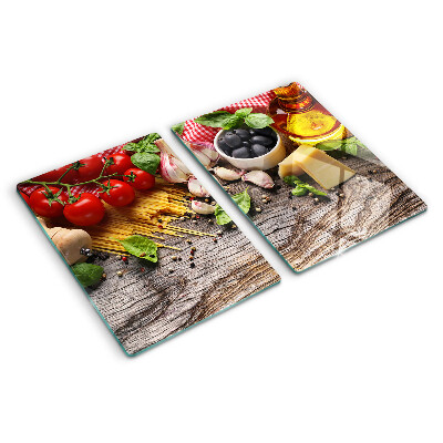 Tabla para cortar Cocina italiana con pasta y verduras.