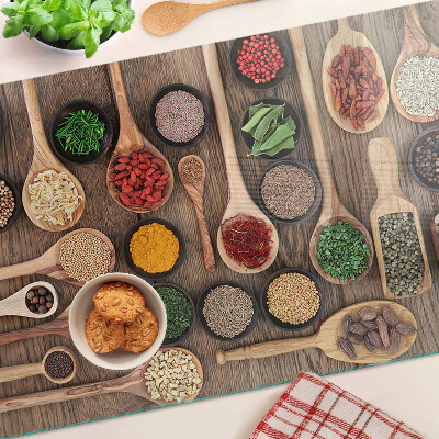 Deska kuchenna szklana Przyprawy i zioła w łyżkach