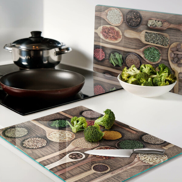 Deska kuchenna szklana Przyprawy i zioła w łyżkach