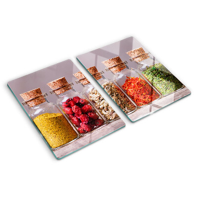 Tabla de cortar de cristal Especias en frascos de vidrio