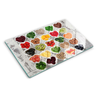 Tabla de cortar de cristal Frutas y verduras en corazones