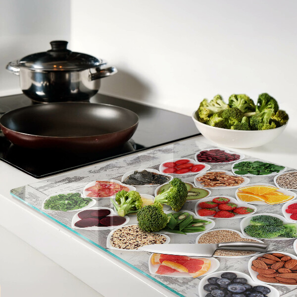 Tabla de cortar de cristal Frutas y verduras en corazones