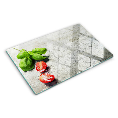 Tabla de cortar de cristal Tomates con albahaca y sal