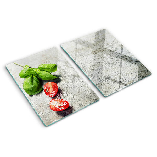 Tabla de cortar de cristal Tomates con albahaca y sal