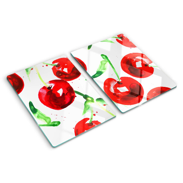 Tabla para cortar Cerezas rojas sobre fondo blanco