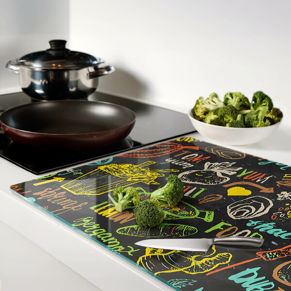 Tabla de cocina Tema culinario con comida.