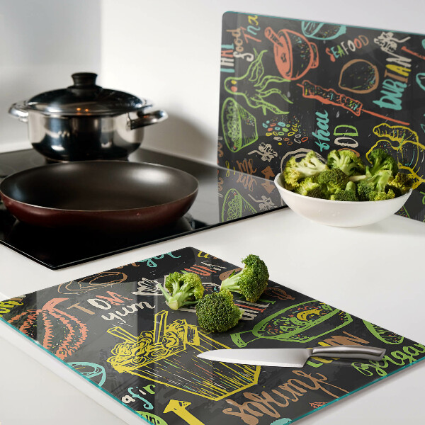 Tabla de cocina Tema culinario con comida.