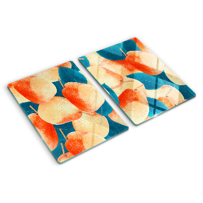 Tabla de cortar Melocotones sobre un fondo de hojas