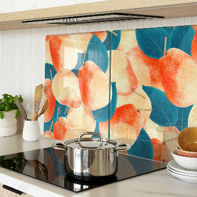 Tabla de cortar Melocotones sobre un fondo de hojas