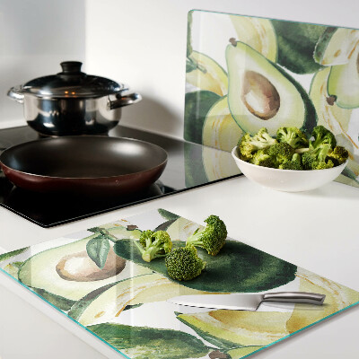 Tabla para cortar Aguacate con hojas al fondo