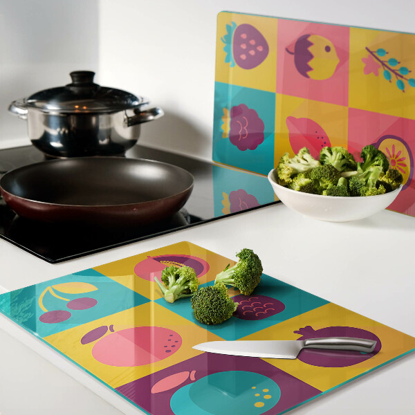 Tabla de cortar de cristal Motivo de frutas en cuadrados coloridos