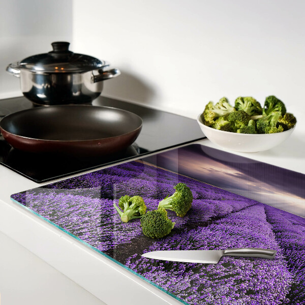 Tabla de cortar de cristal Campo de lavanda con puesta de sol