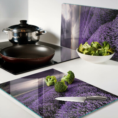 Tabla de cortar de cristal Campo de lavanda con puesta de sol