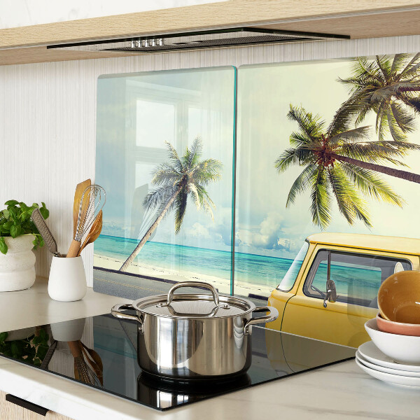 Szklana deska kuchenna Plaża z palmami i samochodem