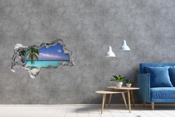 Vinilo efecto 3d pared rota irregular Playa tropical con palmeras