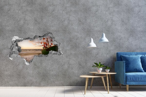 Vinilo efecto 3d pared rota irregular Una bahía con un barco pesquero.
