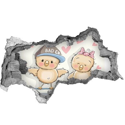 Vinilo efecto 3d pared rota irregular Lindos pájaros en una patineta