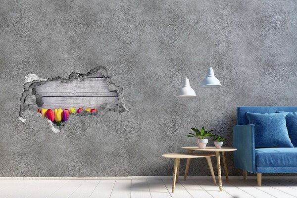 Vinilo efecto 3d pared rota irregular Flores a través de un agujero en la pared.