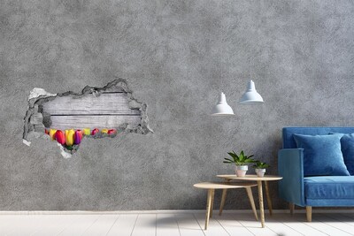 Vinilo efecto 3d pared rota irregular Flores a través de un agujero en la pared.