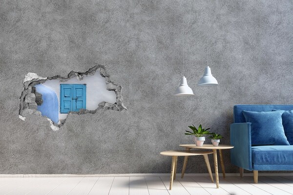 Vinilo efecto 3d pared rota irregular Una pared rota con una puerta azul.