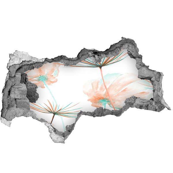 Vinilo efecto 3d pared rota irregular Paisaje de flores a través de un agujero en la pared.
