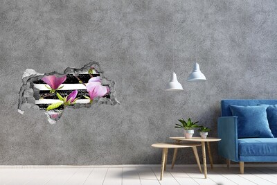 Vinilo efecto 3d pared rota irregular Flores sobre un fondo rayado