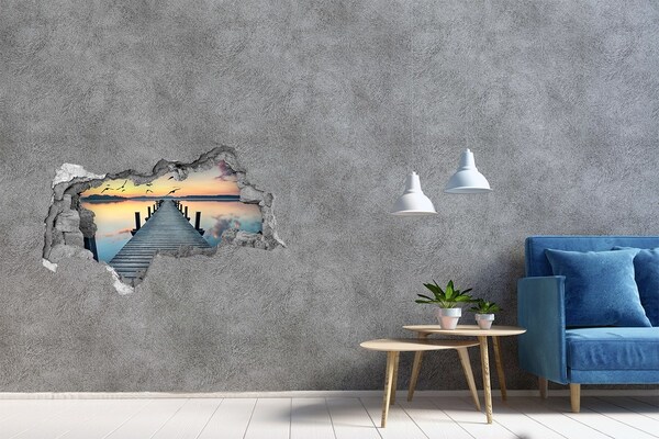 Pegatina decorativa agujero en la pared 3d Puesta de sol sobre el lago