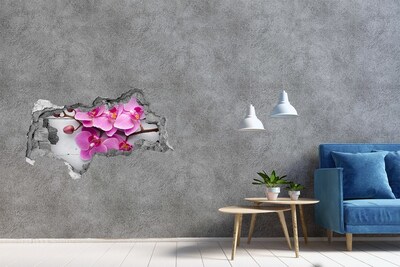Vinilo efecto 3d pared rota irregular Flores de orquídea a través de un agujero en la pared.