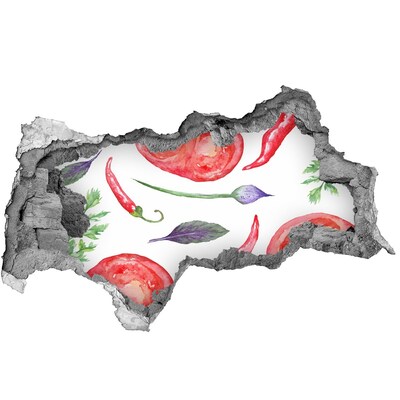 Vinilo efecto 3d pared rota irregular Frutas y verduras en un agujero en la pared.