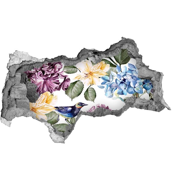 Pegatina decorativa agujero en la pared 3d Paraíso de flores con un pájaro