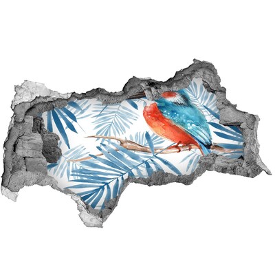 Vinilo efecto 3d pared rota irregular Pájaro tropical entre las hojas.