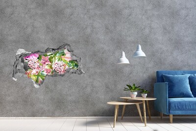 Vinilo efecto 3d pared rota irregular Un paraíso de flores detrás de los muros.