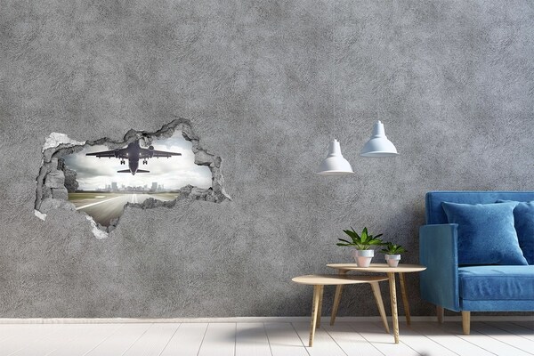 Pegatina decorativa agujero en la pared 3d Avión aterrizando en la ciudad