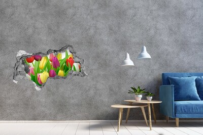 Pegatina decorativa agujero en la pared 3d Un paraíso de flores con tulipanes.