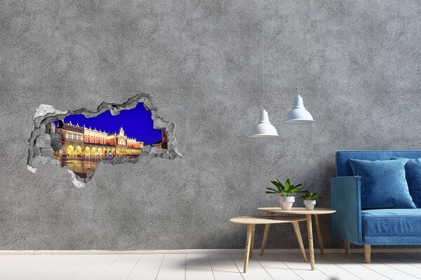 Fotomural autoadhesivo efecto agujero 3d La Plaza del Mercado Principal de Cracovia por la noche