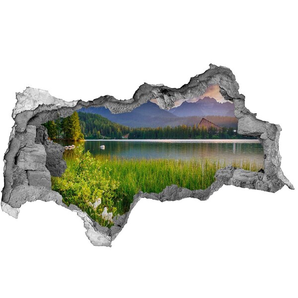 Fotomural autoadhesivo efecto agujero 3d Paisaje de montaña junto al lago