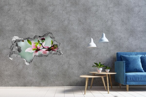 Vinilo efecto 3d pared rota irregular Flores de magnolia en una pared dañada
