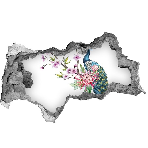 Fotomural autoadhesivo efecto agujero 3d Pavo real entre flores