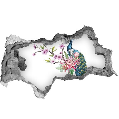 Fotomural autoadhesivo efecto agujero 3d Pavo real entre flores