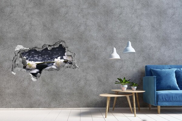 Vinilo efecto 3d pared rota irregular Flores sobre piedras
